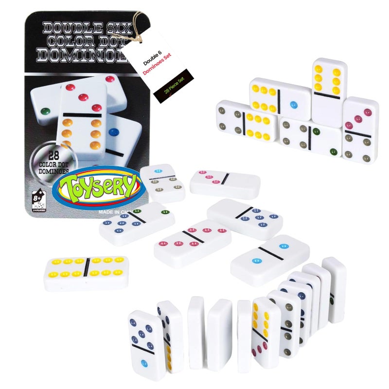 Toysery Double 6 Dominoes Set with Colored Dots. 28 Piece Set White Dominos for Kids with Tin Case. Educational Game Set - Image 2